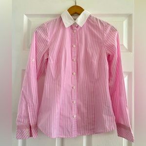VAN HEUSEN CANDY STRIPED PINK BUTTON DOWN SHIRT VINTAGE STYLE FITTED XXS LADIES